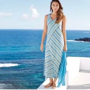 J. Jill Love Linen Lotus Stripe Maxi Dress Sleeveless V-Neck Beachy Blue Sz L